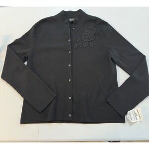 Evie Cardigan Sweater Y2K Black Silk Blend Beaded Floral Applique Size L NWT